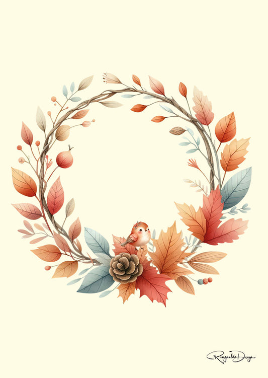 Kaart Herfst bloemenkrans met vogel